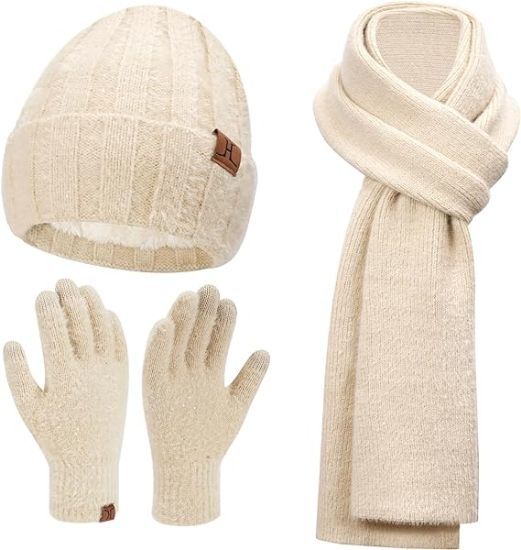Picture of Womens Winter Warm Knit Beanie Hat Touchscreen Gloves Long Neck Scarf Set with Fleece Lined Skull Caps Gifts for Women Men