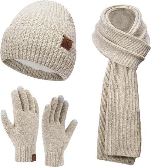 Picture of Womens Winter Knit Beanie Hats Touchscreen Gloves Warm Wool Hat and Gloves Set Skull Caps with Fleece Lined