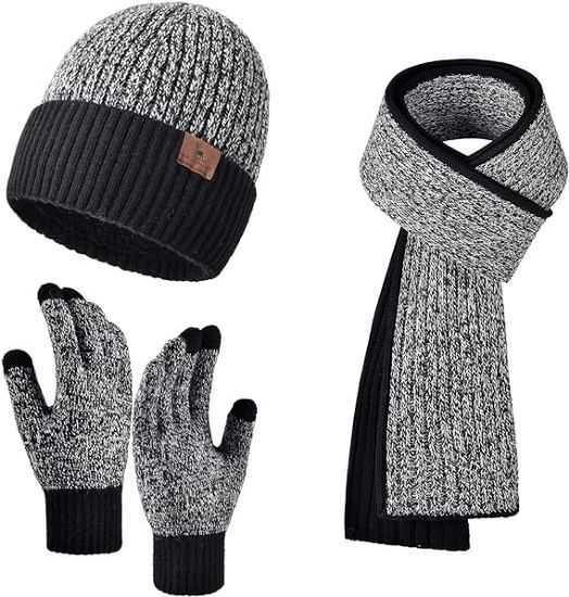Picture of LackBlue Men Women Winter Beanie Hats Scarf with Touchscreen Gloves Warm Knit Themal Gloves Long Scarf Set with Fleece Lined