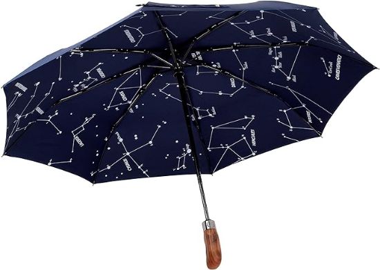 Picture of Zalios (Designed in UK) Umbrella Handmade Real Wood Handle-Dark Navy with Sophisticated Constellation Interior Pattern-Windproof Fiberglass Auto Open Close Folding-300T Finest Fabric